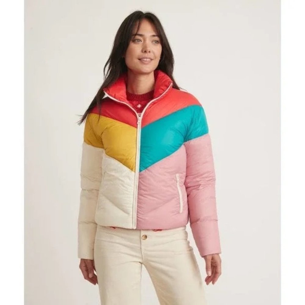 NWT MARINE LAYER Women's Big Sky Puffer Coat in Antique Multi Chevron, size S